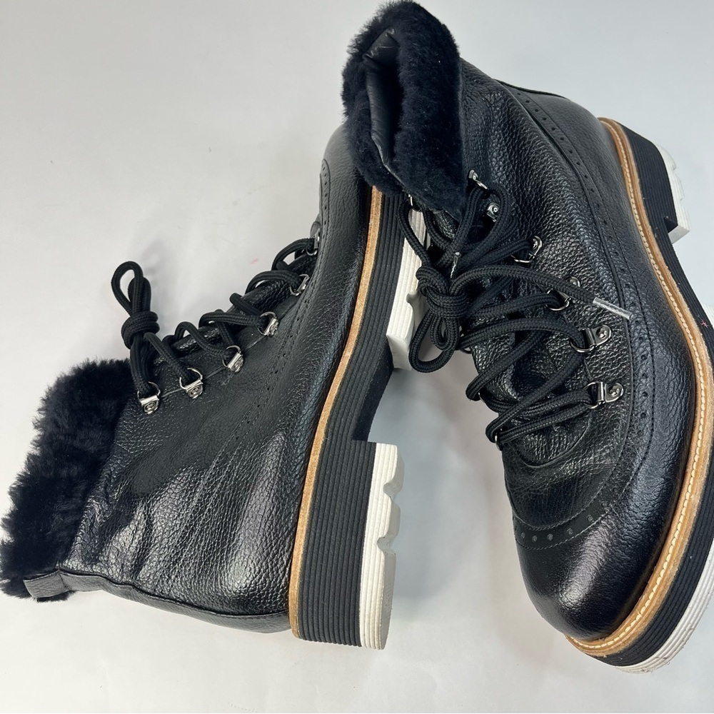 Napoleoni Italy Black Leather Ankle Boots Faux Fur Lugged Heeled 1.5" Women's 9 - Picture 5 of 8
